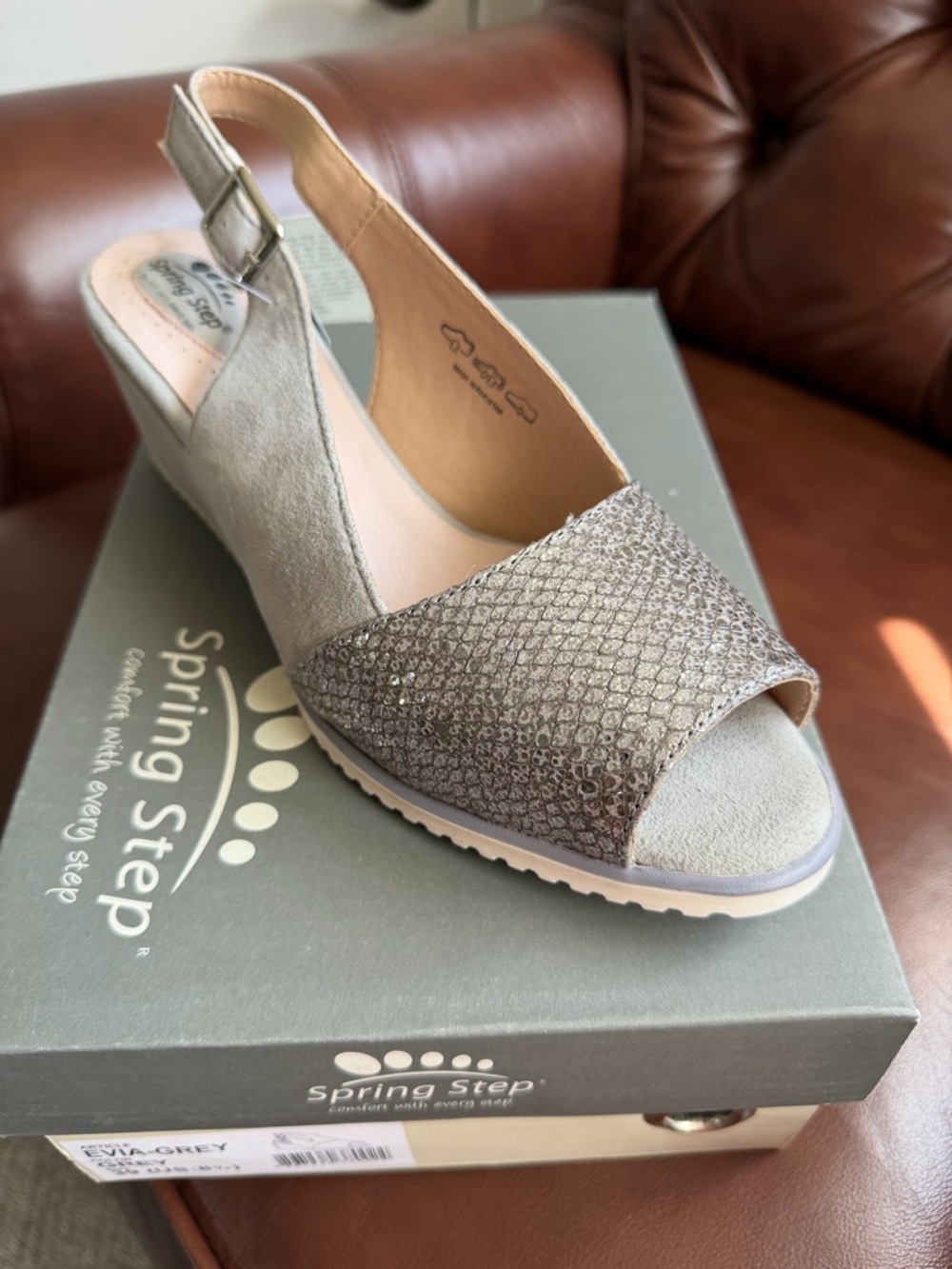 Spring Step Grey Textured Peep-Toe Slingback Wedges - Picture 2 of 3